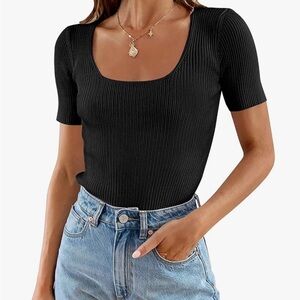 Black Ribbed Square Neck Top